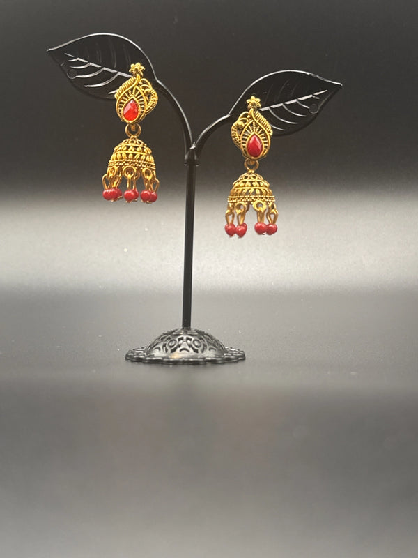 Antique Leaf-Design Jhumka Earrings for Women — Gold-Tone Traditional Jhumkas with Colour Bead Drops Jewelry JCS Fashions Red 1.5 inch