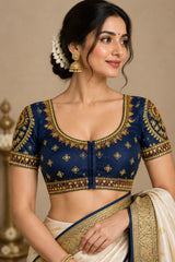 Navy Blue Designer Padded Saree Blouse with Zari Floral Butta Work, U-Shape Neck, Elbow Sleeves and Back Knot - Navy blue