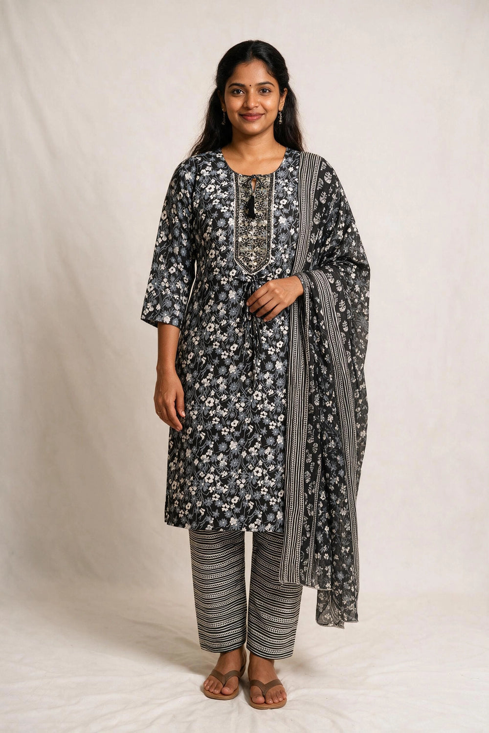 Black Floral Cotton Kurti Set with Striped Elastic Pant and Matching Dupatta for Women (3-Piece) - Black