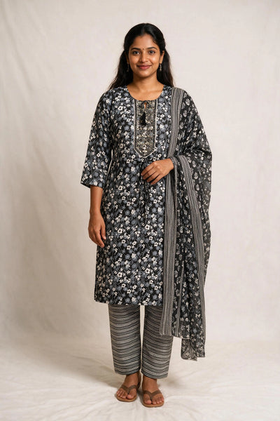 Black Floral Cotton Kurti Set with Striped Elastic Pant and Matching Dupatta for Women (3-Piece) - Black