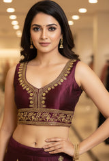 Purple Ready-Made Designer Padded Sleeveless Blouse with Heavy Gold Tone Embroidery and Sequin Work - Purple