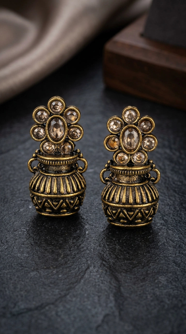 Antique Gold-Tone Floral Stud Jhumka Earrings with Champagne Crystal Stones for Women - Light Brown