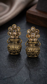 Antique Gold-Tone Floral Stud Jhumka Earrings with Champagne Crystal Stones for Women - Light Brown