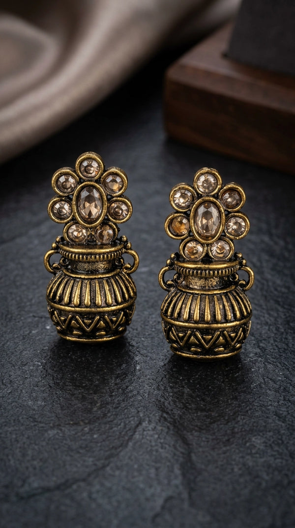 Antique Gold-Tone Floral Stud Jhumka Earrings with Champagne Crystal Stones for Women - Light Brown