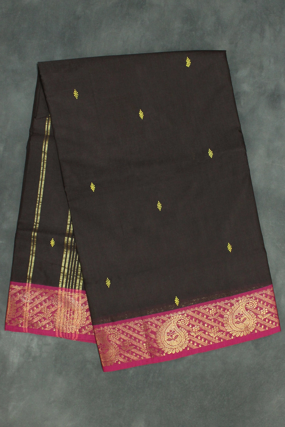 Dark Brown Poly Cotton Saree with Gold Zari Border and Butta Motifs Saree JCS Fashions Dark Brown 5.5 meters