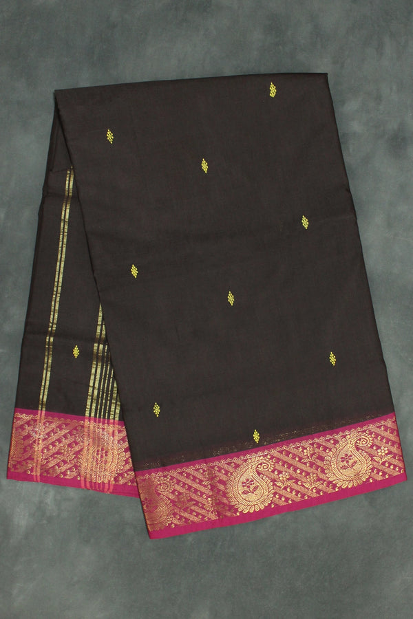 Dark Brown Poly Cotton Saree with Gold Zari Border and Butta Motifs Saree JCS Fashions Dark Brown 5.5 meters