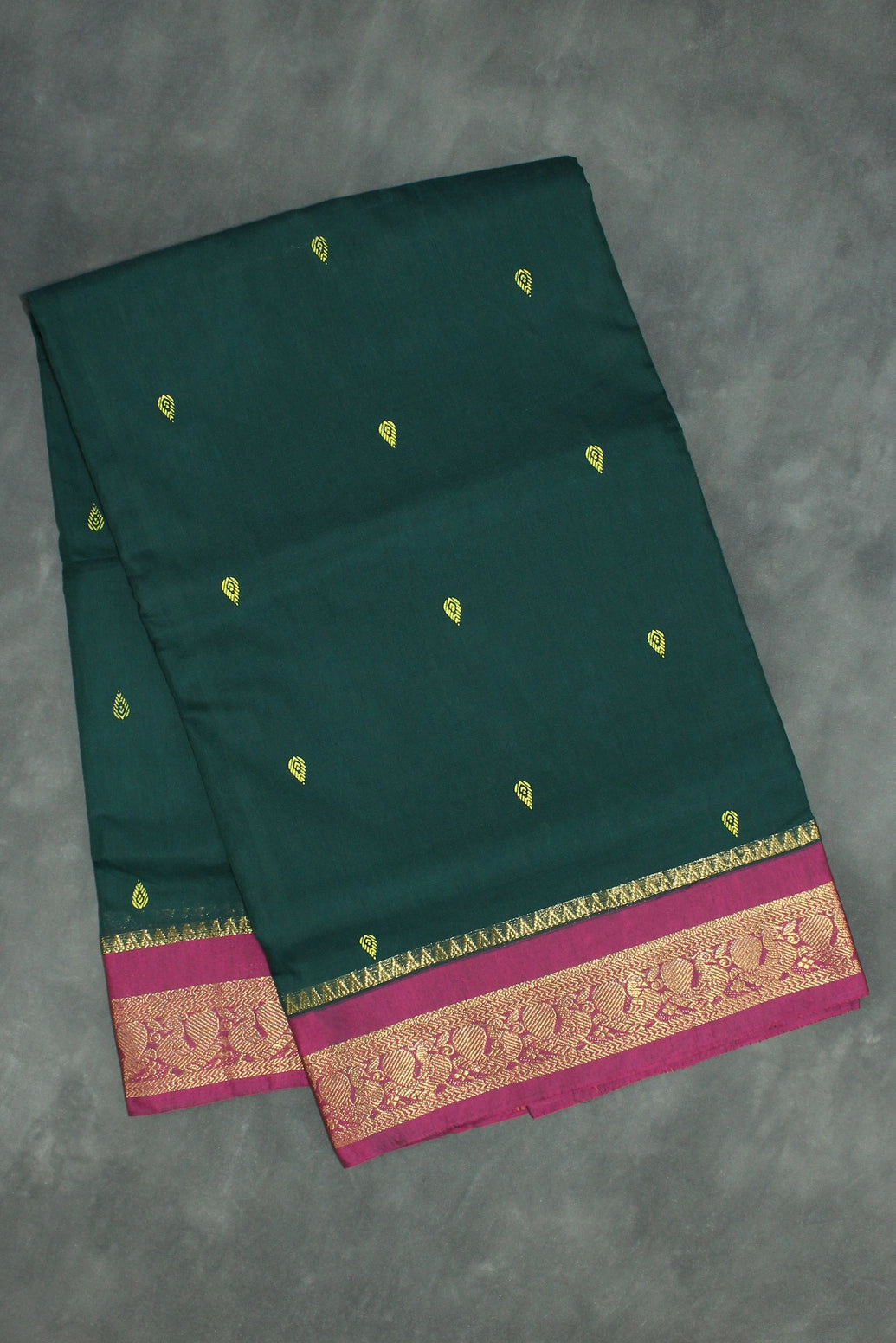 Dark Green Poly Cotton Butta Saree with Maroon Zari Border Saree JCS Fashions Dark Green 5.5 meters