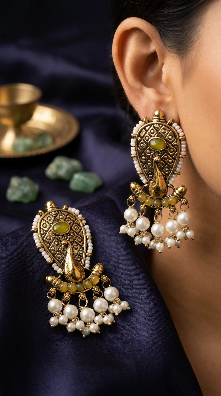 Antique Gold-Tone Traditional Statement Earrings with Oval Stone, Beads & Pearl Drops for Women - Yellow