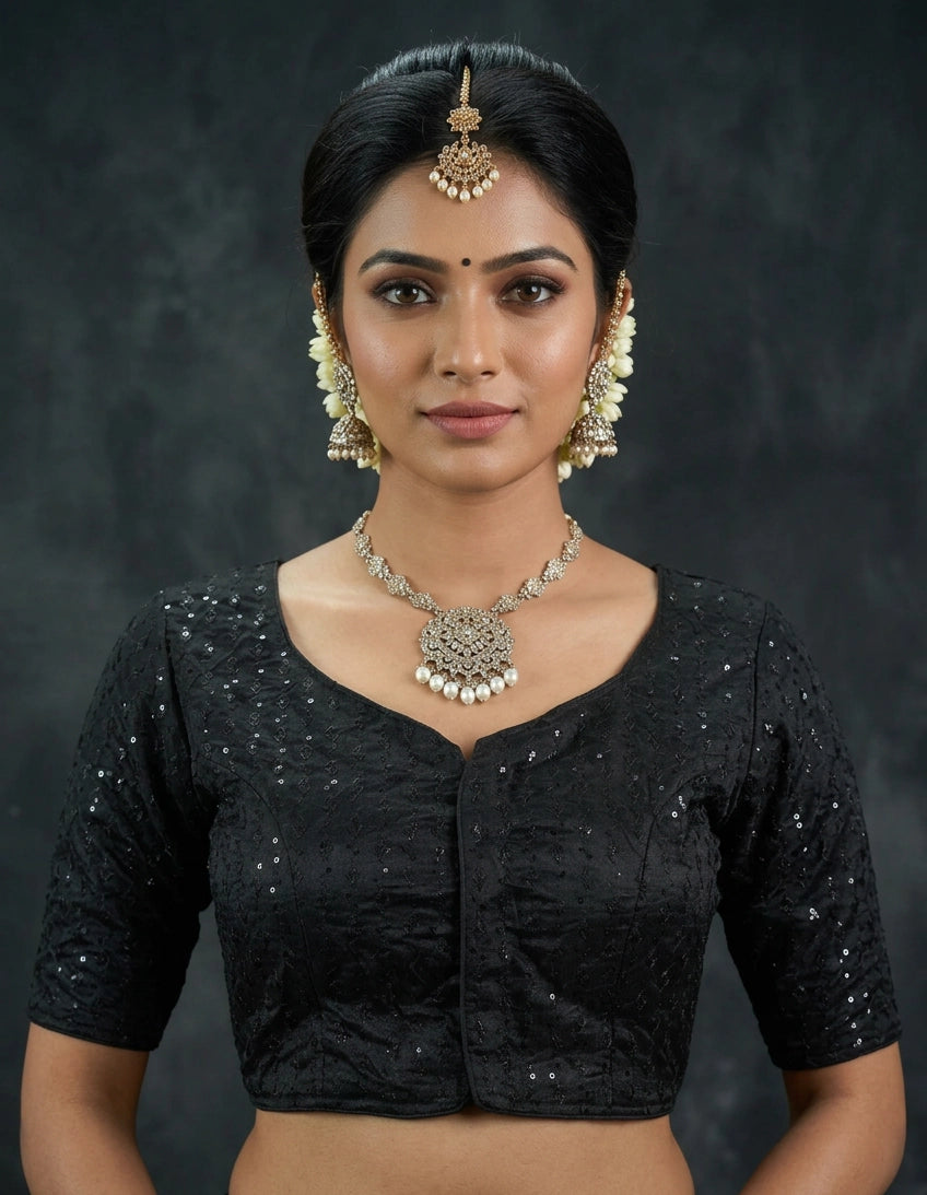 Black Readymade Designer Padded Blouse with Brocade Sequin Work, Elbow Sleeve & Back Knot - Black
