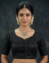 Black Readymade Designer Padded Blouse with Brocade Sequin Work, Elbow Sleeve & Back Knot - Black