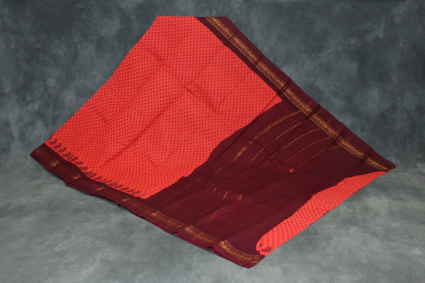 Red Poly Cotton Printed Saree with Maroon Gold Border - 5.5m Saree JCS Fashions Red 5.5 meters