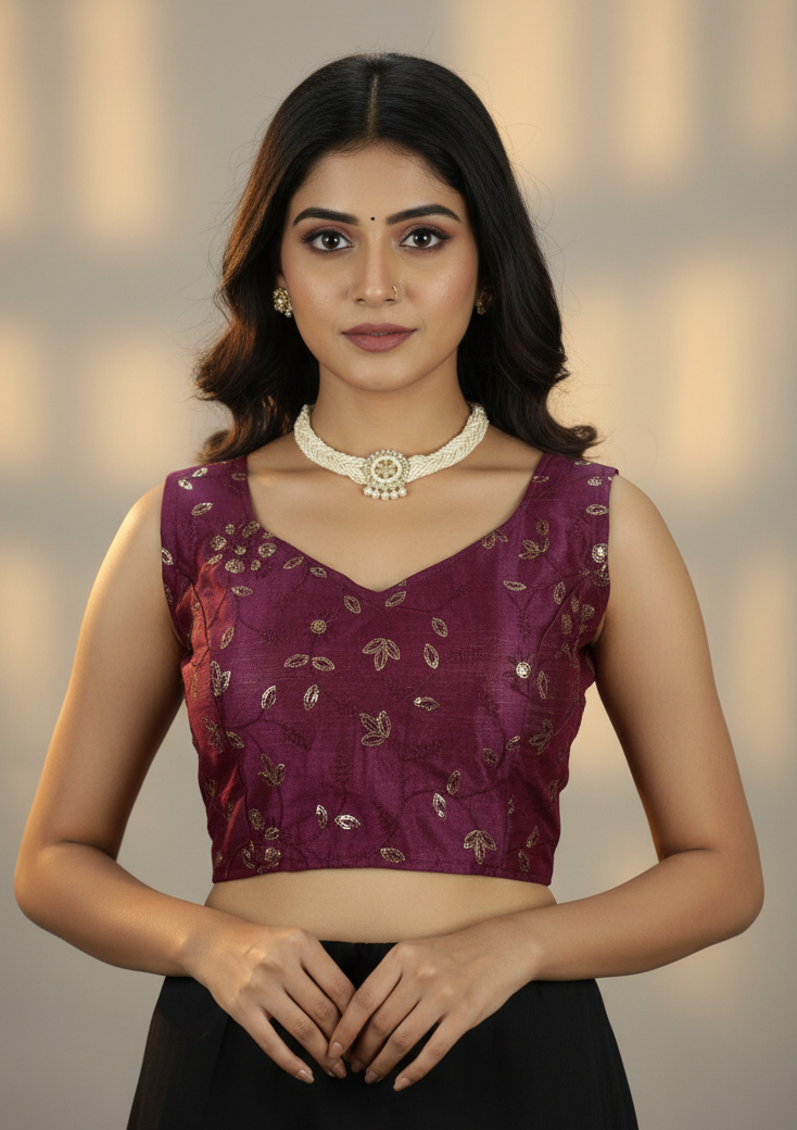 Wine Padded Sleeveless Designer Blouse with Embroidery, Back Tie Knot and Fully Stitched Fit