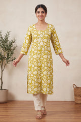 Olive Green Floral Cotton Kurti with Lace Details and Wooden Buttons - Olive Green