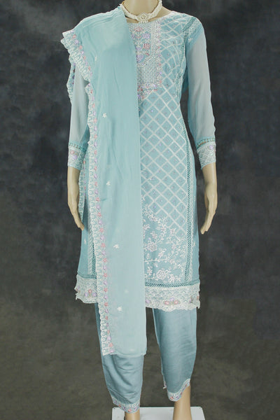 Pastel Blue 3-Piece Salwar Suit Set with Organza Chiffon Kurti, Silk Feel Bottom & Stone Work Dupatta - Pastel Blue