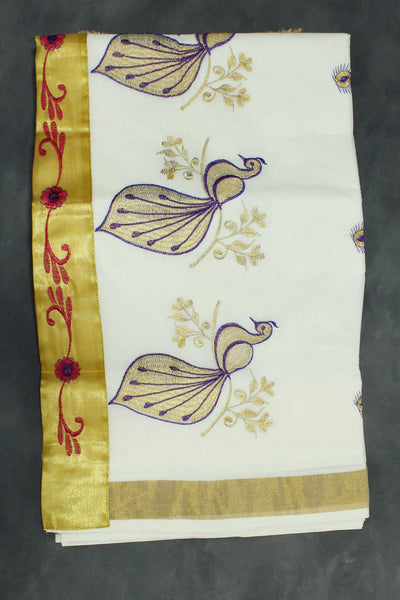 White Kerala Cotton Saree with Gold Zari and Purple Peacock Machine Embroidery, Includes Blouse Piece - White