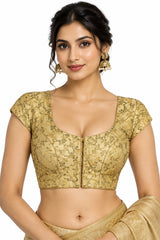 Sandal Readymade Designer Padded V-neck Blouse for Sari Choli with Floral Weaving, Short Sleeve, Back Knot - Sandal