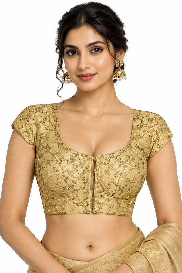 Sandal Readymade Designer Padded V-neck Blouse for Sari Choli with Floral Weaving, Short Sleeve, Back Knot - Sandal