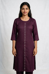 Wine Cotton Kurti with Vertical Diamond-Pattern Embellishment, Round Neck and 3/4 Sleeves - Wine