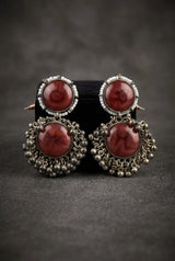 Antique Silver-Tone Drop Earrings with Round Stone Cabochons & Beaded Dangles