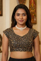 Black Readymade Designer Padded Blouse with Gold-Tone Geometric Floral Embroidery and Back Knot