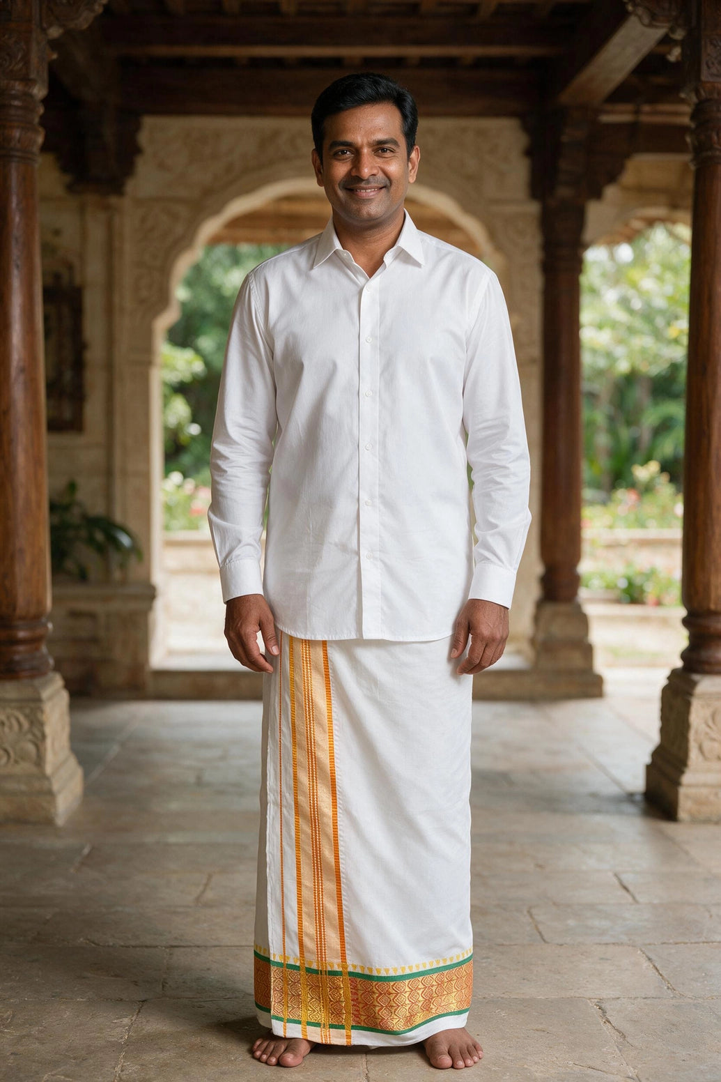 Men White Cotton Dhoti with 2-inch Gold Thread Work Border, 2 Metre Single Veshti