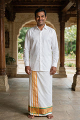 Men White Cotton Dhoti with 2-inch Gold Thread Work Border, 2 Metre Single Veshti