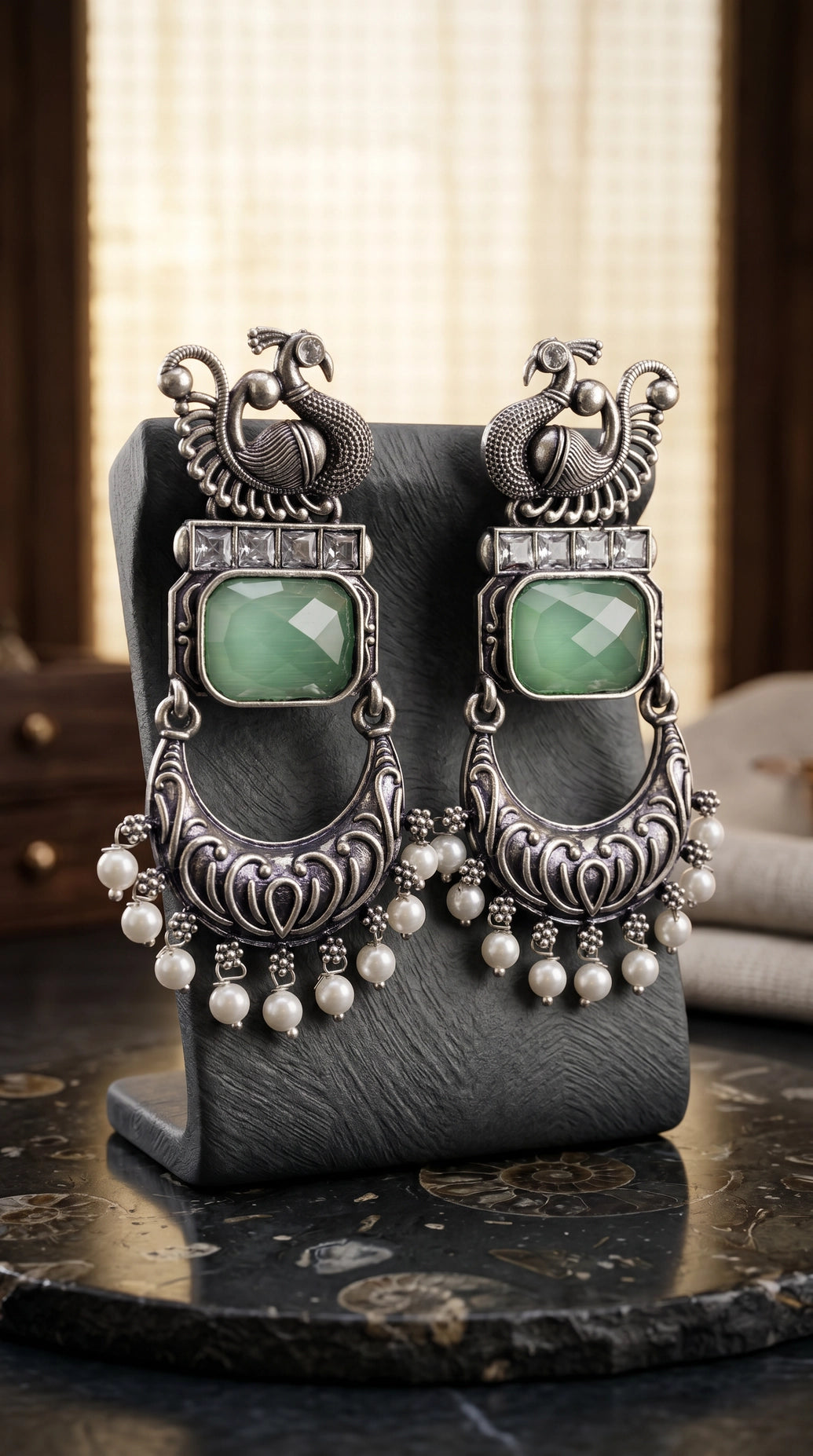 Mint Green Peacock Motif Antique Style Fashion Earrings with Clear Stones & Pearl Drops for Festive Wear - Mint Green