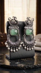 Mint Green Peacock Motif Antique Style Fashion Earrings with Clear Stones & Pearl Drops for Festive Wear - Mint Green