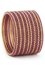 Stone Studded Metallic Bangle Set with Sparkling Rows (Purple/Light Orange/Bright Green)