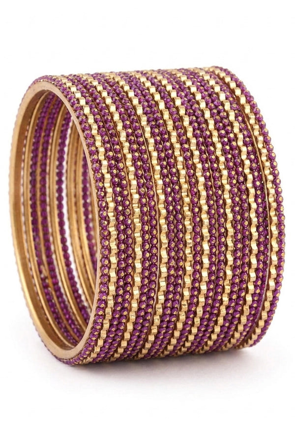 Stone Studded Metallic Bangle Set with Sparkling Rows (Purple/Light Orange/Bright Green)