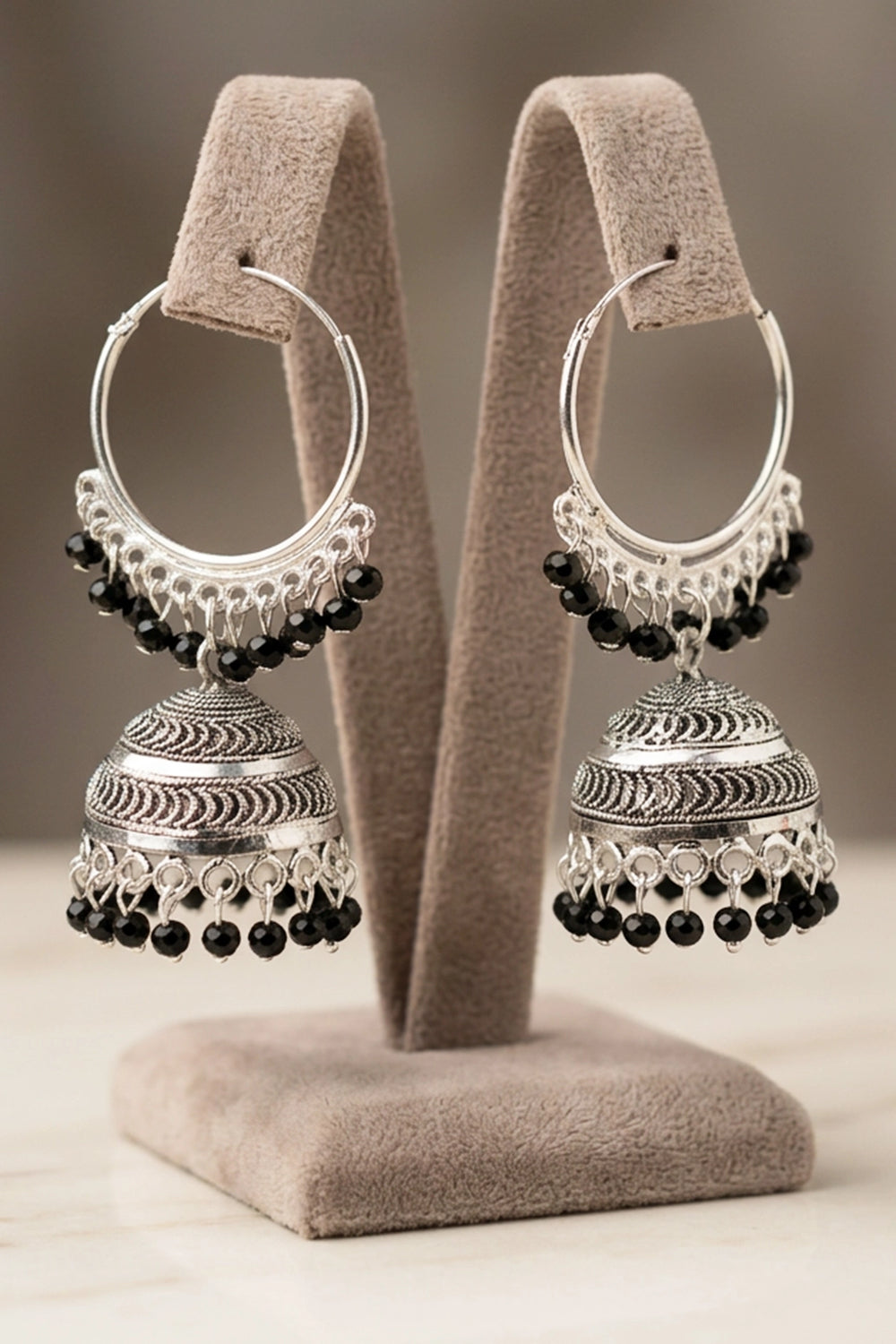Black Silver Oxidized Jhumka Hoop Earrings with Black Beads, Bali Style Round Hoop for Traditional Wear - Black silver