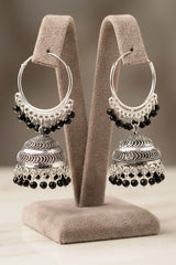 Black Silver Oxidized Jhumka Hoop Earrings with Black Beads, Bali Style Round Hoop for Traditional Wear - Black silver