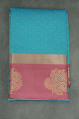 Blue Emboss Silk Saree with Floral Design Satin Border and Blouse, Semi Silk Wedding Wear - Blue