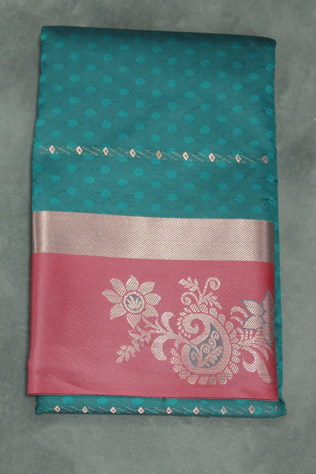 Forest Green Embossed Semi Silk Saree with Floral Design Satin Border and Blouse - Forest Green