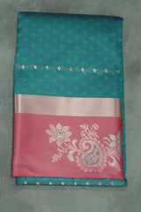 Forest Green Embossed Semi Silk Saree with Floral Design Satin Border and Blouse - Forest Green