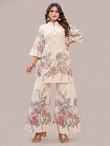 Khadi Reyon 2 pcs Co-ord set. Top and pant with Elastic. Side Pocket available in pant, Mandarin collar kurti, Floral printed and embroidere - Cream