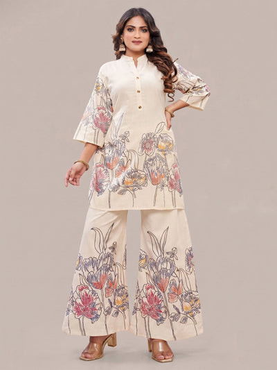 Khadi Reyon 2 pcs Co-ord set. Top and pant with Elastic. Side Pocket available in pant, Mandarin collar kurti, Floral printed and embroidere - Cream