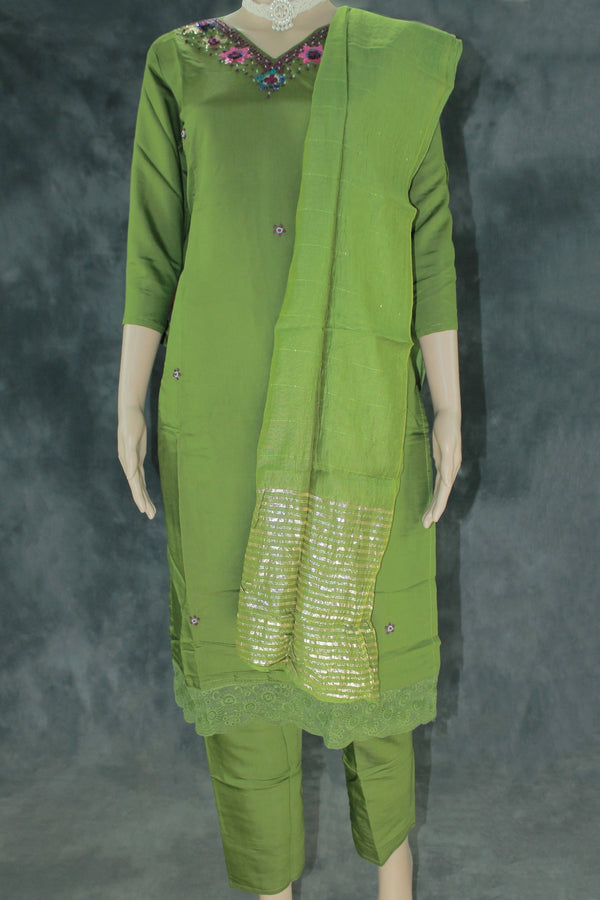 Mehendi Green Rayon Silk 3-Piece Kurti Set with Lined Elastic Pant & Zari Cotton Dupatta - Mehendi Green