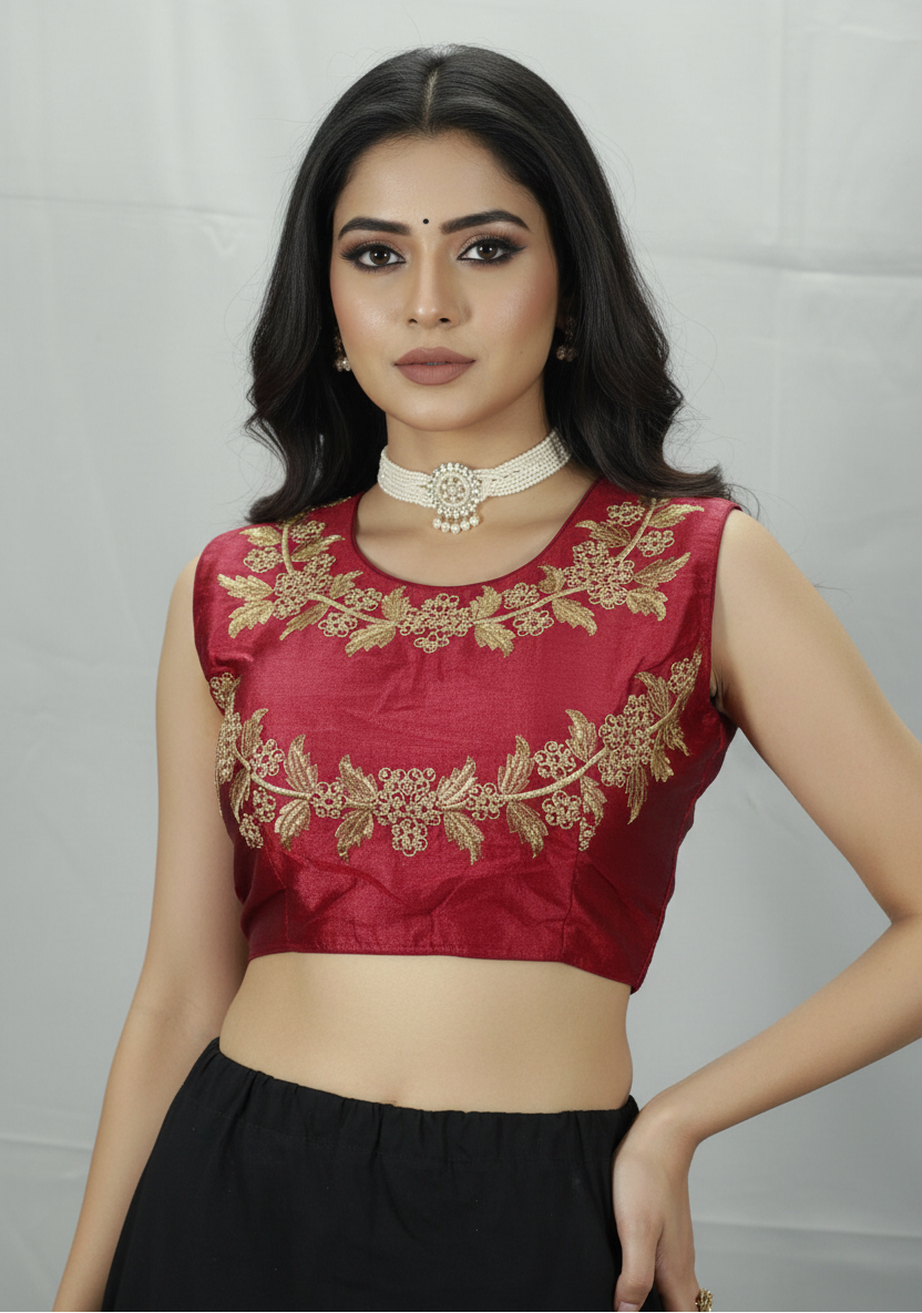 Maroon Readymade Padded Designer Blouse with Golden Aari Floral Embroidery, Sleeveless, Back Knot
