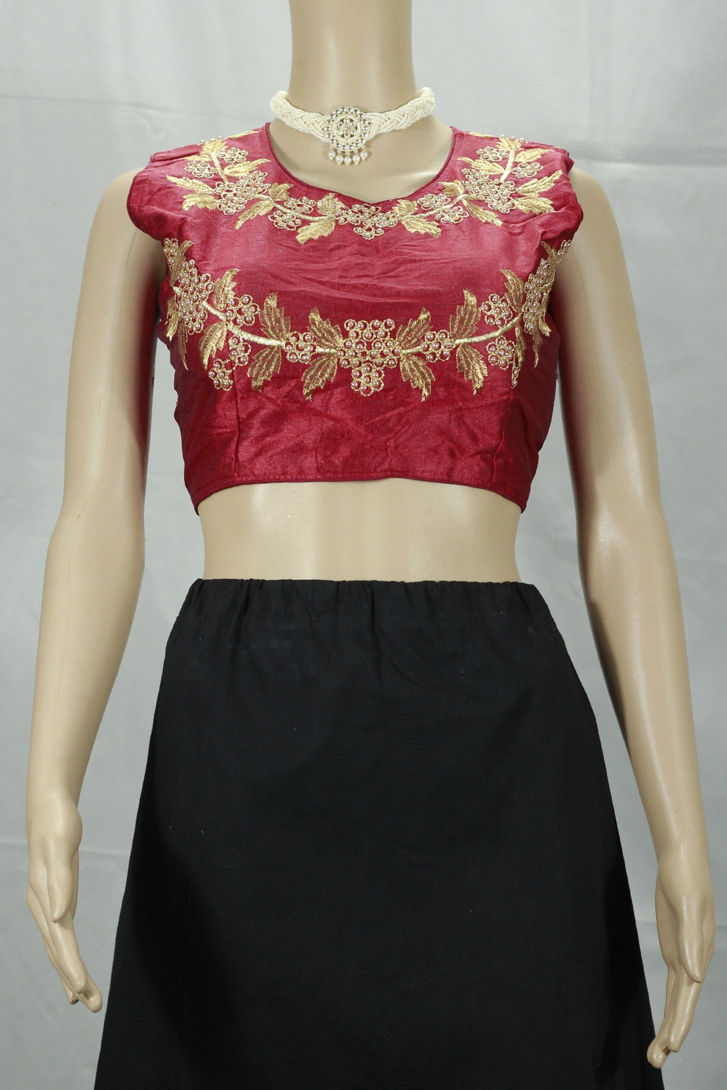Maroon Readymade Padded Designer Blouse with Golden Aari Floral Embroidery, Sleeveless, Back Knot - Maroon