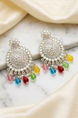 Multicolor Stone Floral Stud Dangler Hoop Earrings, Silver-Tone Fashion Jewellery for Women - Multi color