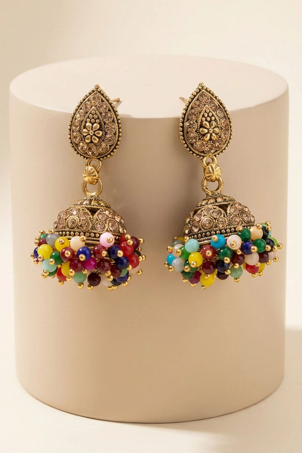 Traditional Multi-Color Jhumka Earrings with Dome Design, Gold-Tone Detailing & Bead Danglers - Multi color