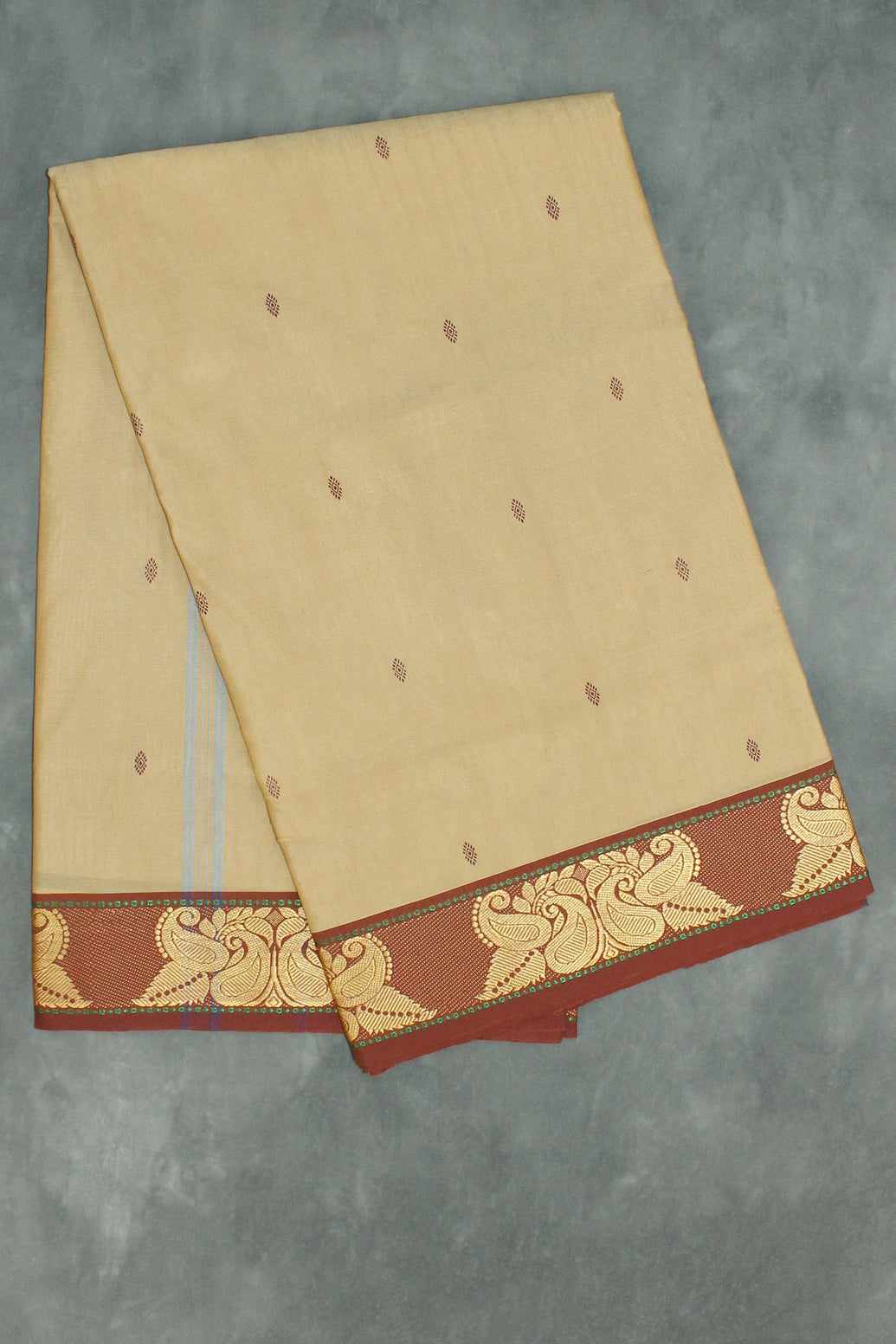 Poly Cotton Sandal Butta Saree with Maroon Thread & Gold-Coloured Woven Border Saree JCS Fashions Sandal 5.5 meters