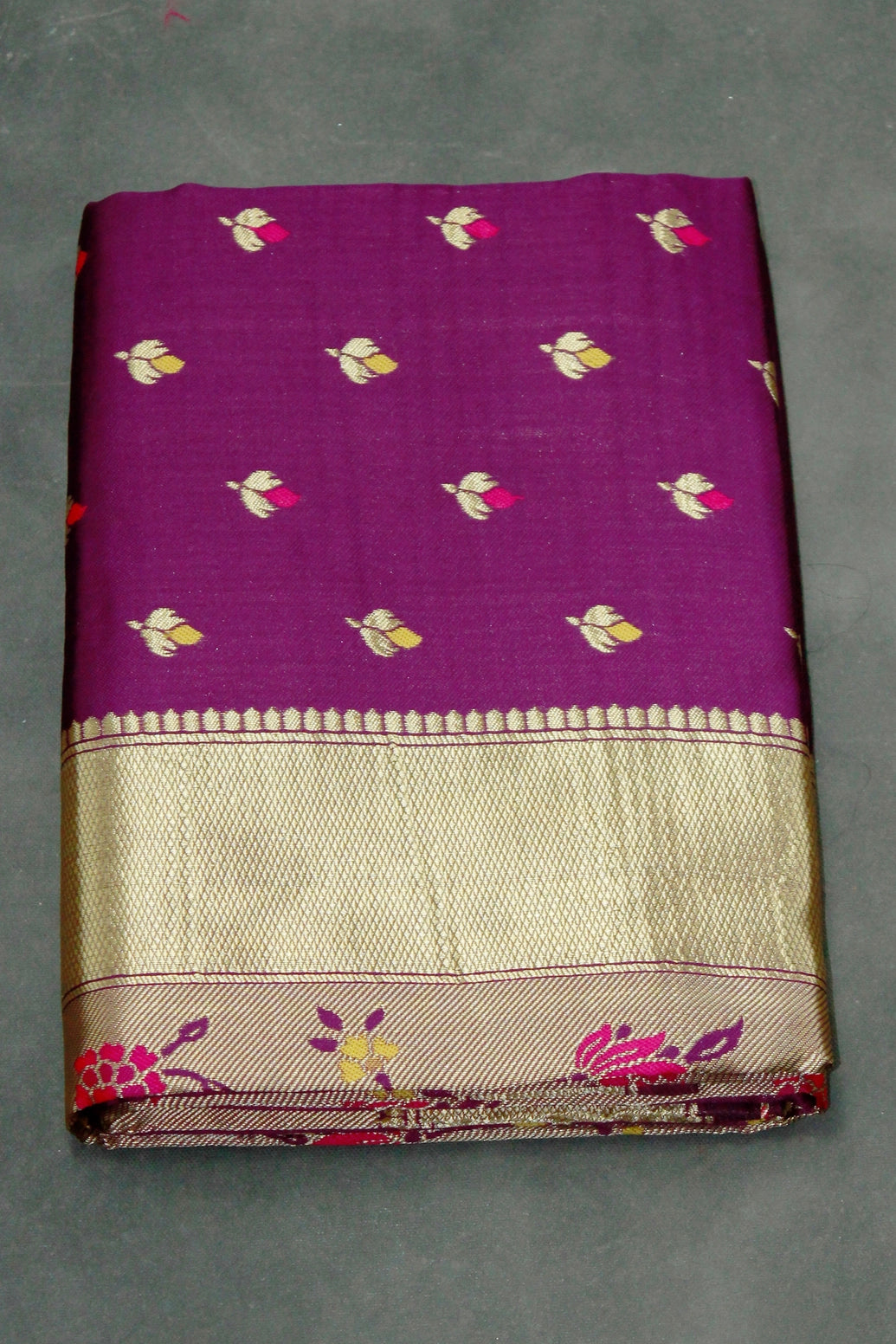 Purple Paithani Silk Saree with Floral Buti Pallu and Design Border, Includes Blouse - Purple