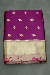 Purple Paithani Silk Saree with Floral Buti Pallu and Design Border, Includes Blouse - Purple
