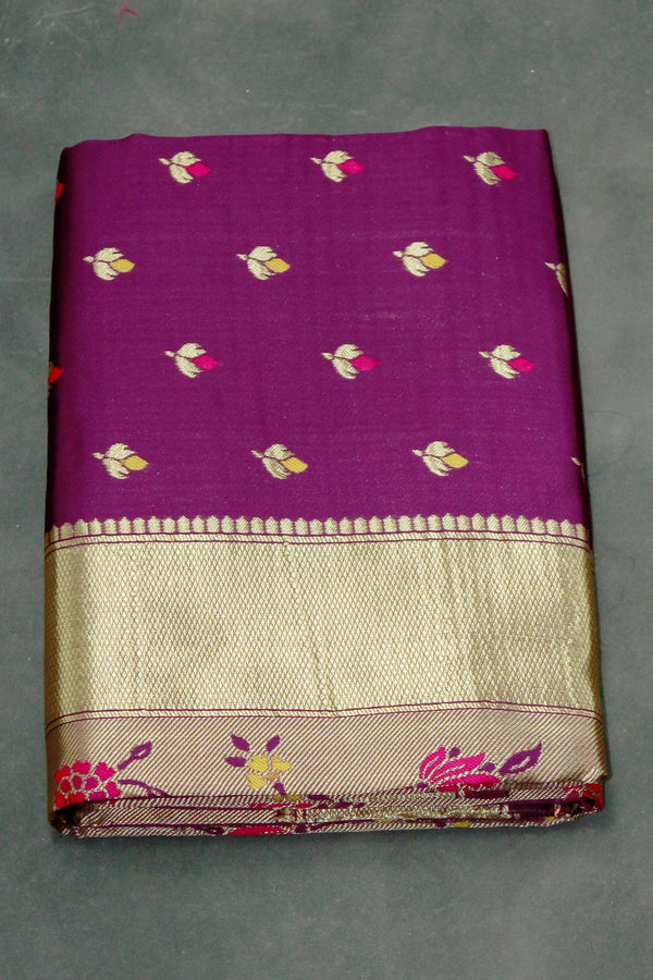 Purple Paithani Silk Saree with Floral Buti Pallu and Design Border, Includes Blouse - Purple