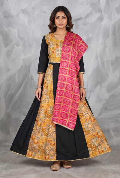 Black Navratri Chaniya Choli with Patola Patchwork Print Choli and Plain Flared Lehenga Skirt - Black