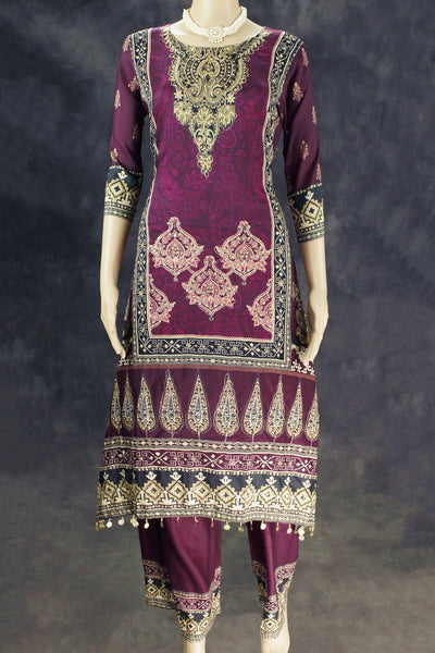 Purple Designer Crepe 3-Piece Salwar Set with Stone & Mirror Embroidery and Gold Coin Hangings
