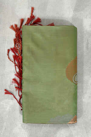 Pista Green Semi Soft Silk Saree with Gold Zari Buttas and Traditional Floral Border for Women