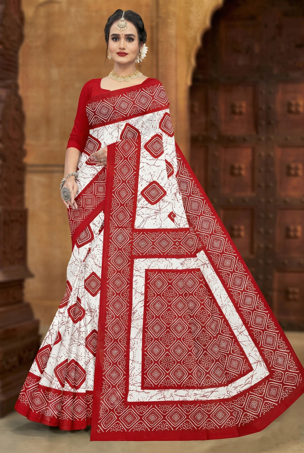 Red Velvet Pure Cotton printed saree, blouse not included, pure cotton fabric - White